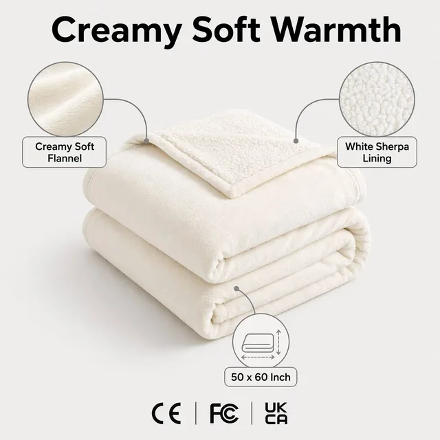 Cream flannel and white sherpa heated throw