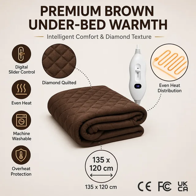 Brown diamond-quilted electric underblanket