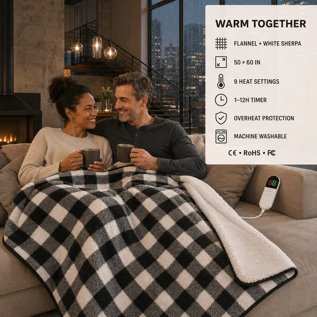 Buffalo plaid flannel and sherpa heated throw