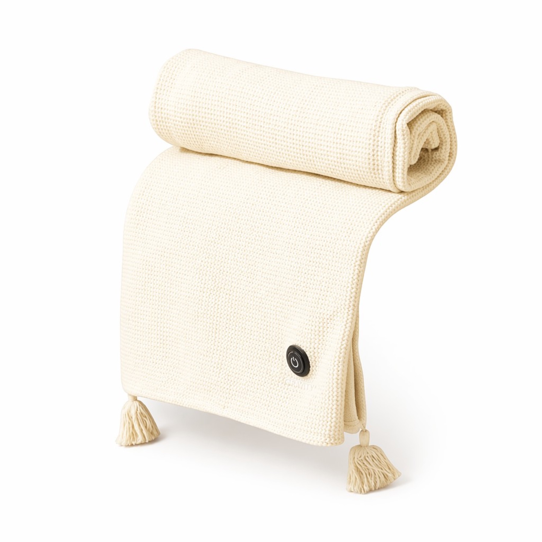 Cream knitted heated shawl with tassels