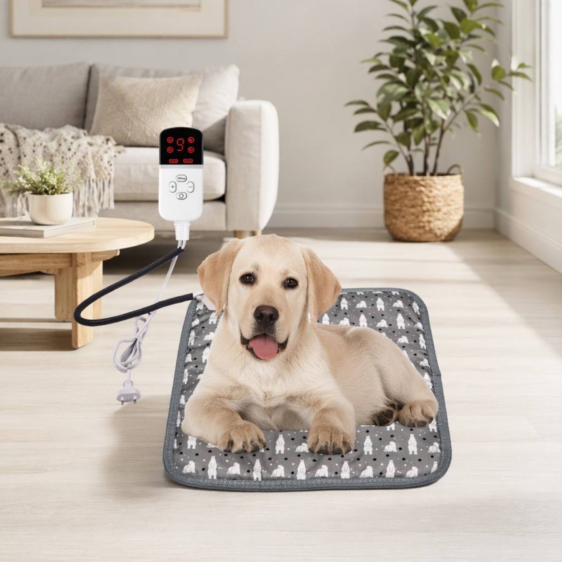 Dog resting on a gray pet heating pad